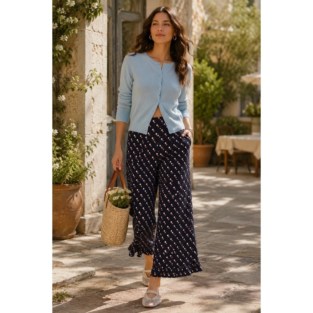 NWT Maeve The Colette High-Rise Wide-Leg Crop Pants Blue Dot 27 Crop Ruffle